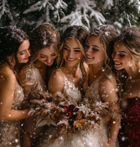 A cozy winter wedding scene with bridesmaids dressed in elegant winter-themed gowns, perfect for a seasonal celebration. The image captures snowy backdrops, warm lighting, and rich fabrics that highlight a winter wedding theme.