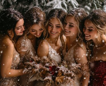 A cozy winter wedding scene with bridesmaids dressed in elegant winter-themed gowns, perfect for a seasonal celebration. The image captures snowy backdrops, warm lighting, and rich fabrics that highlight a winter wedding theme.