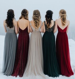 Bridesmaids in various winter-colored dresses standing against a snowy backdrop, showcasing deep and frosty hues ideal for a cozy winter wedding.