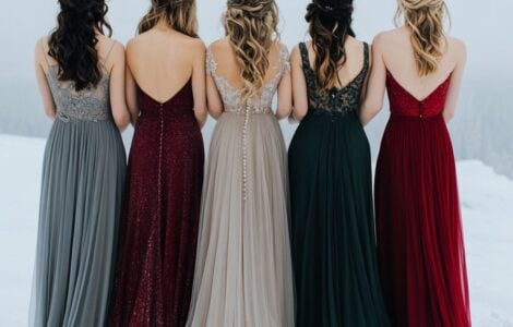 Bridesmaids in various winter-colored dresses standing against a snowy backdrop, showcasing deep and frosty hues ideal for a cozy winter wedding.