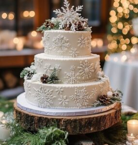 Enchanting winter wedding cakes showcasing elegant snowflake designs, rustic woodland accents, and seasonal flavors, perfect for adding warmth and sparkle to a cozy winter wedding celebration.