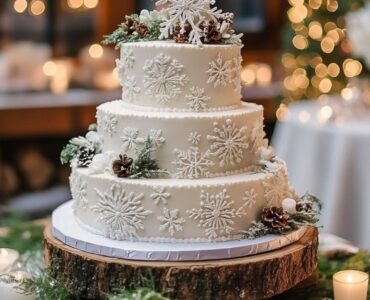Enchanting winter wedding cakes showcasing elegant snowflake designs, rustic woodland accents, and seasonal flavors, perfect for adding warmth and sparkle to a cozy winter wedding celebration.