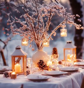 Elegant winter wedding table with centerpiece featuring snowy lanterns and fairy-lit branches, setting a warm, inviting ambiance.