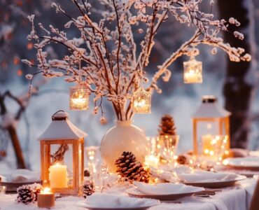 Elegant winter wedding table with centerpiece featuring snowy lanterns and fairy-lit branches, setting a warm, inviting ambiance.
