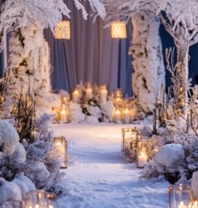 Elegant winter wedding ceremony setup featuring snow-covered trees, cozy blankets, and candlelit decorations, showcasing the charm of the season with magical aesthetics.
