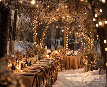 Winter wedding setup with cozy, elegant decor and soft lighting, creating a magical, enchanting atmosphere for a romantic celebration.