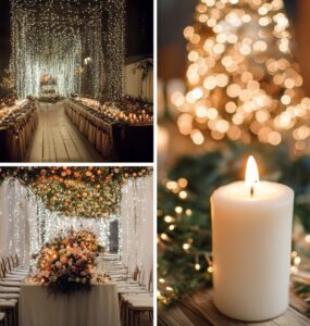 Winter wedding decor ideas introduction with cozy elements like fairy lights and evergreen accents, setting a magical winter wonderland ambiance for wedding celebrations.