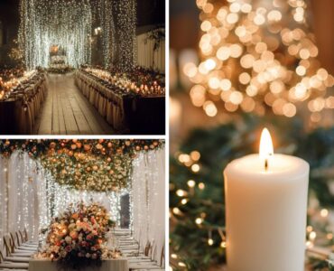 Winter wedding decor ideas introduction with cozy elements like fairy lights and evergreen accents, setting a magical winter wonderland ambiance for wedding celebrations.