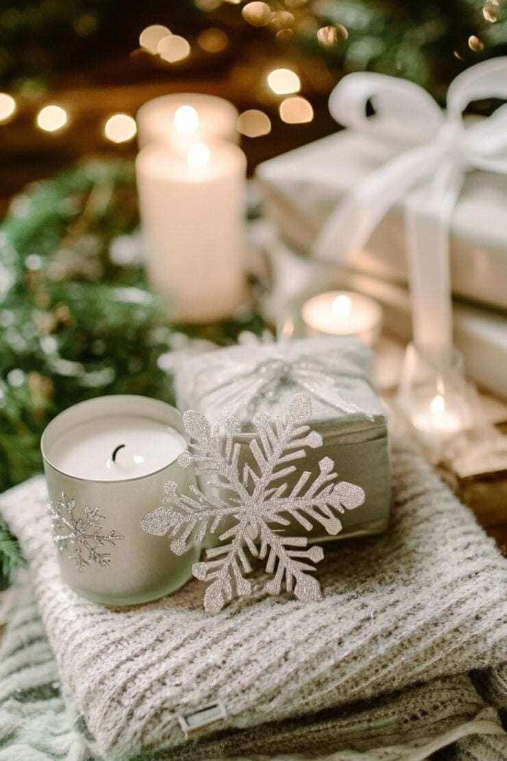 Elegant winter wedding setup featuring snowflake ornaments, cozy blankets, and candle favors, showcasing thoughtful and charming winter-themed guest gifts.