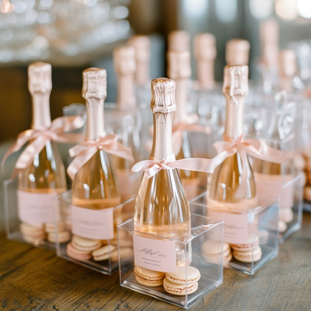 Champagne bottles with blush labels and blush macarons in clear boxes tied with champagne-colored ribbons, arranged as winter wedding favors.