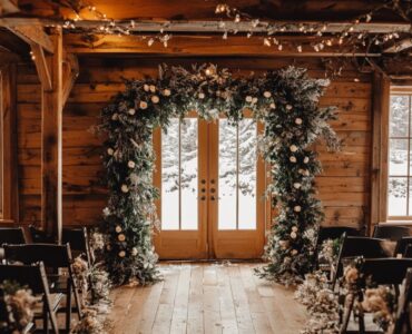 A cozy winter wedding ceremony setup featuring a flower arch decorated with winter-inspired flowers and greenery, creating a magical, seasonal backdrop for an intimate ceremony.