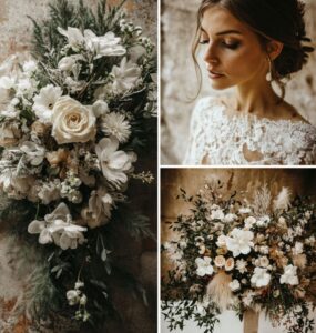 Winter wedding floral decor featuring frosted greens, delicate white blooms, and rich warm hues, creating a magical, elegant atmosphere perfect for a seasonal celebration.