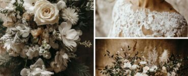 Winter wedding floral decor featuring frosted greens, delicate white blooms, and rich warm hues, creating a magical, elegant atmosphere perfect for a seasonal celebration.