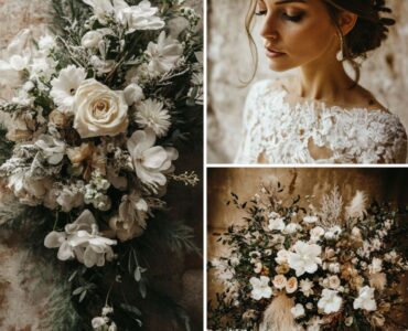 Winter wedding floral decor featuring frosted greens, delicate white blooms, and rich warm hues, creating a magical, elegant atmosphere perfect for a seasonal celebration.