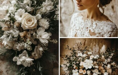Winter wedding floral decor featuring frosted greens, delicate white blooms, and rich warm hues, creating a magical, elegant atmosphere perfect for a seasonal celebration.