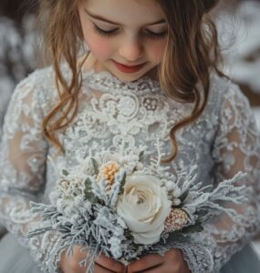 Close-up of a young flower girl in a winter-inspired dress, showcasing a cozy and enchanting look with lace details and a frosty winter theme.