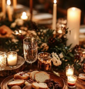 Elegant winter wedding table with cozy candles, festive food, and warm drinks setting the tone for a heartwarming celebration.