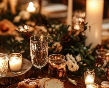 Elegant winter wedding table with cozy candles, festive food, and warm drinks setting the tone for a heartwarming celebration.