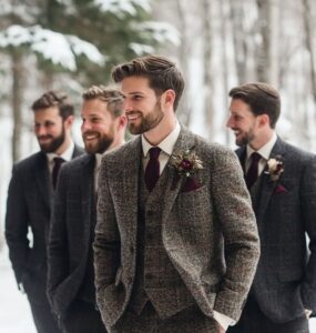 Elegant winter wedding groomsmen attire featuring luxurious fabrics, rich colors, and cozy textures, perfectly suited to keep the wedding party stylish and comfortable during colder weather.