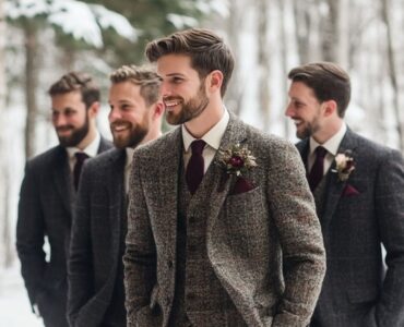 Elegant winter wedding groomsmen attire featuring luxurious fabrics, rich colors, and cozy textures, perfectly suited to keep the wedding party stylish and comfortable during colder weather.