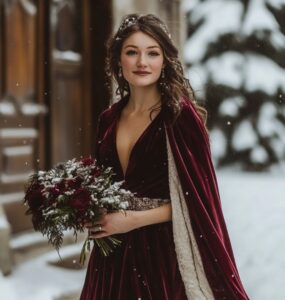 Elegant winter wedding guest dressed in a stylish, warm velvet gown with cozy shawl, embodying winter wedding charm.