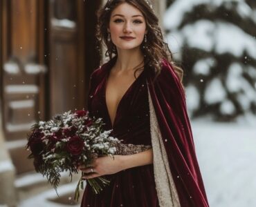 Elegant winter wedding guest dressed in a stylish, warm velvet gown with cozy shawl, embodying winter wedding charm.