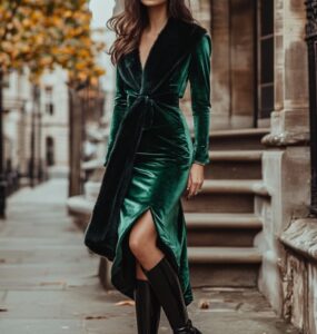 A stylish winter wedding guest outfit featuring a velvet midi dress in emerald green paired with sleek leather ankle boots, layered with a faux fur wrap for warmth and elegance.