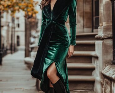 A stylish winter wedding guest outfit featuring a velvet midi dress in emerald green paired with sleek leather ankle boots, layered with a faux fur wrap for warmth and elegance.