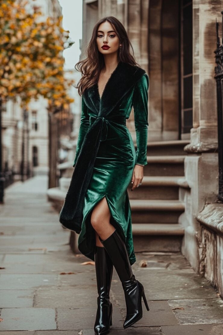 A stylish winter wedding guest outfit featuring a velvet midi dress in emerald green paired with sleek leather ankle boots, layered with a faux fur wrap for warmth and elegance.