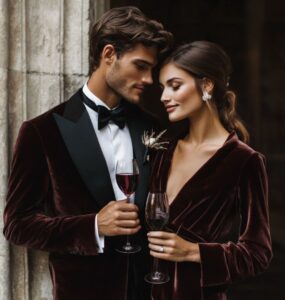 Elegant winter wedding guest outfit ideas for staying warm and stylish; image of luxurious velvet gowns and sophisticated wool suits.