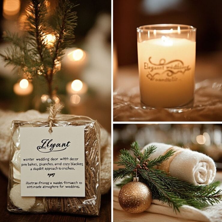Elegant winter wedding decor with candlelit tables, pine branches, and cozy blankets, illustrating a budget-friendly approach to creating a warm, intimate atmosphere for winter weddings.