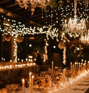 Warmly lit winter wedding venue featuring soft lighting from candles, fairy lights, and chandeliers, creating an enchanting and romantic ambiance.