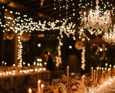 Warmly lit winter wedding venue featuring soft lighting from candles, fairy lights, and chandeliers, creating an enchanting and romantic ambiance.