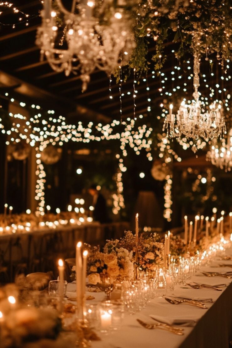 Warmly lit winter wedding venue featuring soft lighting from candles, fairy lights, and chandeliers, creating an enchanting and romantic ambiance.