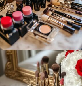 Bridal makeup essentials laid out on a vanity table, including brushes, foundation, and lipsticks, reflecting winter wedding elegance.