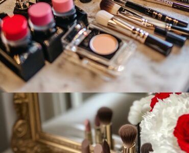 Bridal makeup essentials laid out on a vanity table, including brushes, foundation, and lipsticks, reflecting winter wedding elegance.