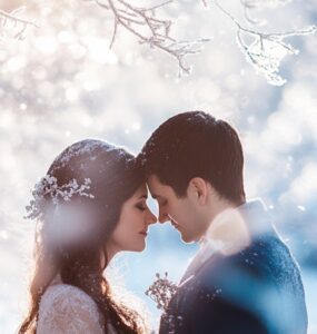 Winter wedding couple embracing in a snowy landscape with a magical backdrop of frosted trees and sparkling snow, capturing the essence of seasonal romance.