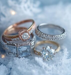 Elegant winter wedding ring ideas displayed against a frosty, wintery background, highlighting the charm and beauty of seasonal-inspired jewelry.