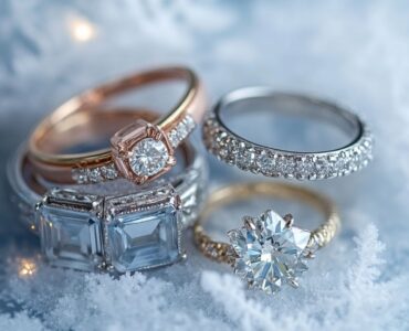 Elegant winter wedding ring ideas displayed against a frosty, wintery background, highlighting the charm and beauty of seasonal-inspired jewelry.