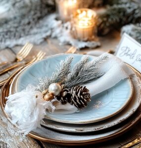 Winter wedding table setting featuring frosted elegance and cozy rustic themes, showcasing seasonal charm with sophisticated and whimsical designs to create a magical and unforgettable celebration.