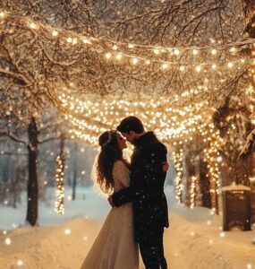 Snowy winter wedding scene with a couple standing under twinkling string lights in a cozy outdoor setting, surrounded by snow-covered trees.