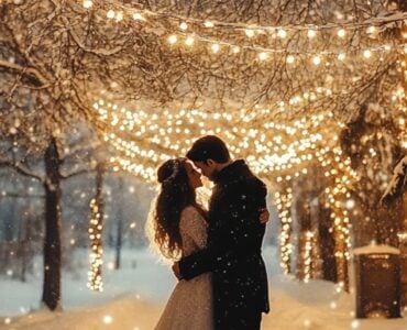 Snowy winter wedding scene with a couple standing under twinkling string lights in a cozy outdoor setting, surrounded by snow-covered trees.