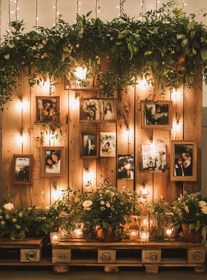 Rustic backdrop made from wooden pallets, decorated with photos, greenery, and string lights for a personalized touch.