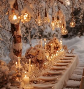 Softly lit winter wedding scene with cozy decor, blending elegant snowy elements, warm candlelight, and rich seasonal accents, creating a serene and enchanting atmosphere for a magical celebration.