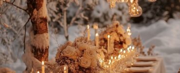 Softly lit winter wedding scene with cozy decor, blending elegant snowy elements, warm candlelight, and rich seasonal accents, creating a serene and enchanting atmosphere for a magical celebration.