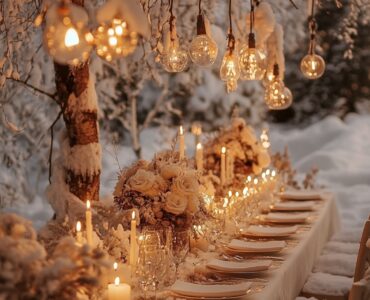 Softly lit winter wedding scene with cozy decor, blending elegant snowy elements, warm candlelight, and rich seasonal accents, creating a serene and enchanting atmosphere for a magical celebration.