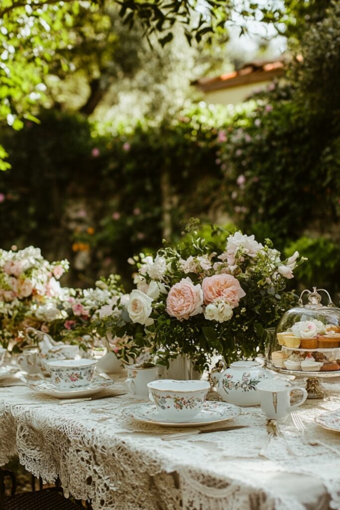 A serene garden wedding setup with vintage china, lace tablecloths, blooming flowers, and guests sipping tea in an intimate setting.