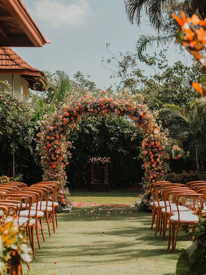 A beautiful backyard ceremony setup with floral arches, chairs arranged for guests, and a picturesque garden backdrop, creating an intimate wedding atmosphere.
