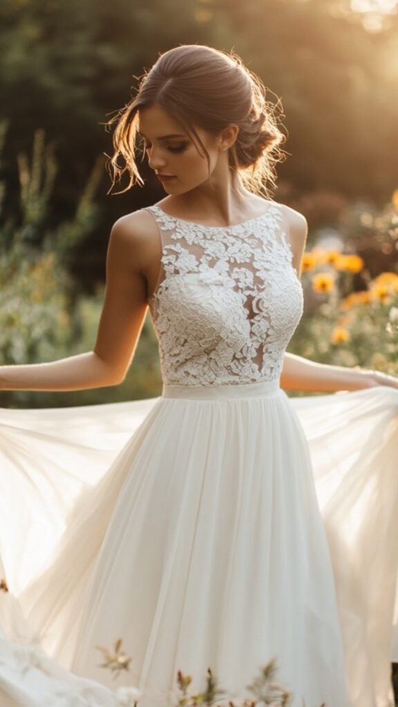 A bride in an A-line wedding dress with a lace bodice and flowing chiffon skirt, standing in a sunlit garden.