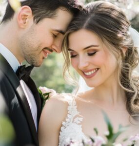 A bride and groom sharing a joyful moment surrounded by blooming spring flowers, highlighting the beauty and romance of a spring wedding celebration.
